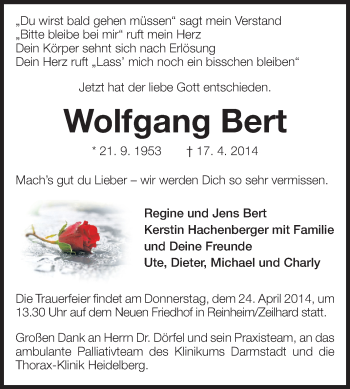 Traueranzeige von Wolfgang Bert von Echo-Zeitungen (Gesamtausgabe)