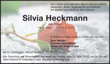 Traueranzeige von Silvia Heckmann von Odenwälder Echo