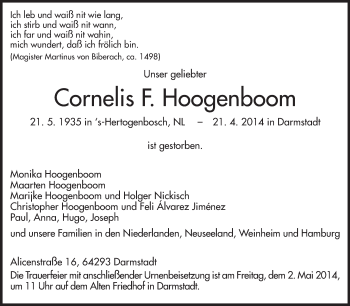 Traueranzeige von Cornelis F. Hoogenboom von Echo-Zeitungen (Gesamtausgabe)