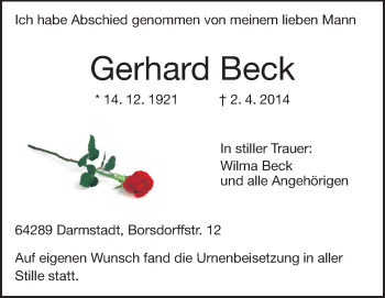 Traueranzeige von Gerhard Beck von Darmstädter Echo, Odenwälder Echo, Rüsselsheimer Echo, Groß-Gerauer-Echo, Ried Echo