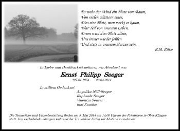 Traueranzeige von Ernst Philipp Seeger von Echo-Zeitungen (Gesamtausgabe)