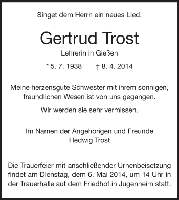 Traueranzeige von Gertrud Trost von Echo-Zeitungen (Gesamtausgabe)