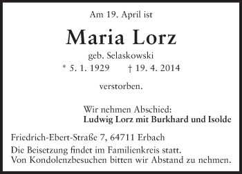 Traueranzeige von Maria Lorz von Odenwälder Echo