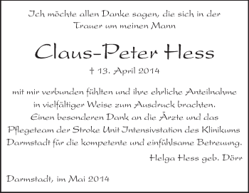 Traueranzeige von Claus-Peter Hess von Echo-Zeitungen (Gesamtausgabe)