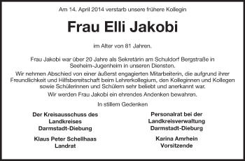 Traueranzeige von Elli Jakobi von Echo-Zeitungen (Gesamtausgabe)