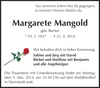Traueranzeige von Margarete Mangold von Echo-Zeitungen (Gesamtausgabe)