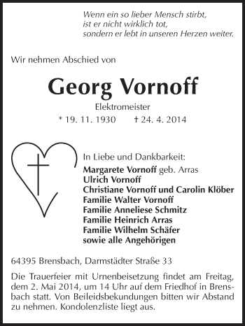 Traueranzeige von Georg Vornoff von Odenwälder Echo