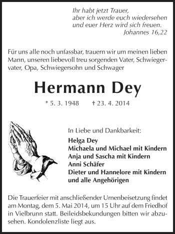 Traueranzeige von Hermann Dey von Odenwälder Echo