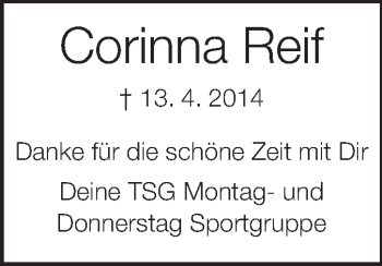 Traueranzeige von Corinna Reif von Darmstädter Echo, Odenwälder Echo, Rüsselsheimer Echo, Groß-Gerauer-Echo, Ried Echo