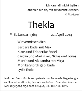 Traueranzeige von Thekla  von Echo-Zeitungen (Gesamtausgabe)