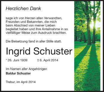 Traueranzeige von Ingrid Schuster von Rüsselsheimer Echo, Groß-Gerauer-Echo, Ried Echo