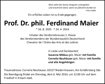 Traueranzeige von Ferdinand Maier von Odenwälder Echo