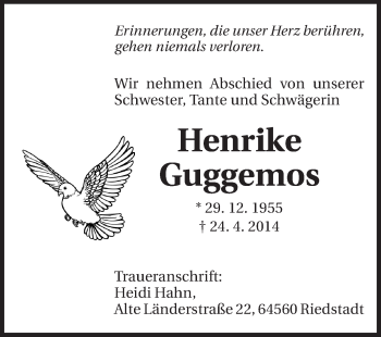Traueranzeige von Henrike Guggemos von Rüsselsheimer Echo, Groß-Gerauer-Echo, Ried Echo