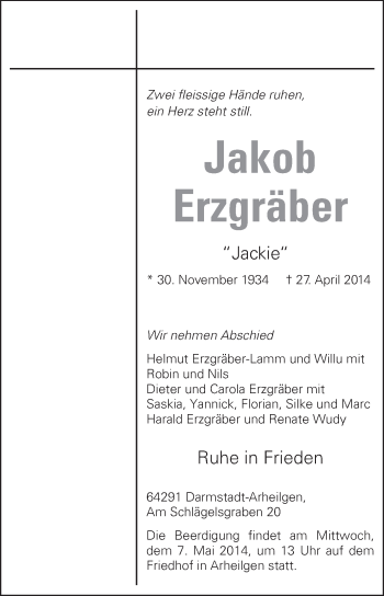 Traueranzeige von Jakob Erzgräber von Echo-Zeitungen (Gesamtausgabe)