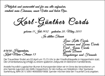 Traueranzeige von Karl-Günther Cords von Starkenburger Echo