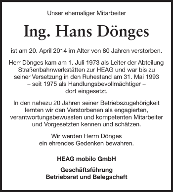 Traueranzeige von Hans Dönges von Echo-Zeitungen (Gesamtausgabe)