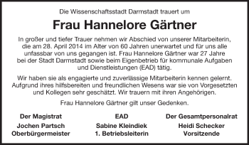 Traueranzeige von Hannelore Gärtner von Echo-Zeitungen (Gesamtausgabe)