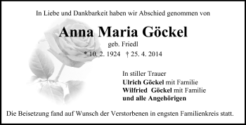 Traueranzeige von Anna Maria Göckel von Odenwälder Echo