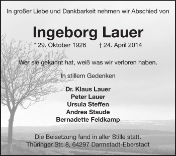 Traueranzeige von Ingeborg Lauer von Echo-Zeitungen (Gesamtausgabe)