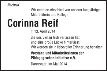 Traueranzeige von Corinna Reif von Echo-Zeitungen (Gesamtausgabe)
