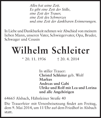 Traueranzeige von Wilhelm Schleiter von Echo-Zeitungen (Gesamtausgabe)