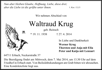 Traueranzeige von Waltraud Krug von Odenwälder Echo