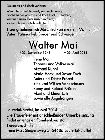 Traueranzeige von Walter Mai von Echo-Zeitungen (Gesamtausgabe)