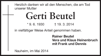 Traueranzeige von Gerti Beutel von Rüsselsheimer Echo, Groß-Gerauer-Echo, Ried Echo