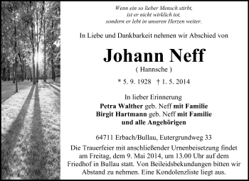 Traueranzeige von Johann Neff von Odenwälder Echo