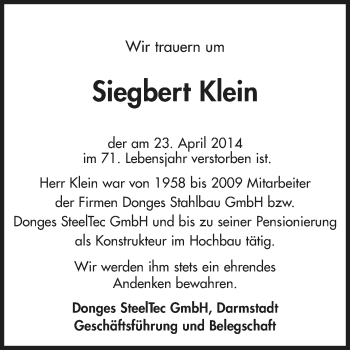 Traueranzeige von Siegbert Klein von Echo-Zeitungen (Gesamtausgabe)