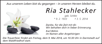 Traueranzeige von Ria Stahlecker von Echo-Zeitungen (Gesamtausgabe)
