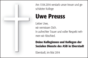 Traueranzeige von Uwe Preuss von Echo-Zeitungen (Gesamtausgabe)