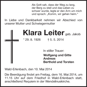 Traueranzeige von Klara Leiter von Starkenburger Echo