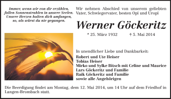 Traueranzeige von Werner Göckeritz von Odenwälder Echo