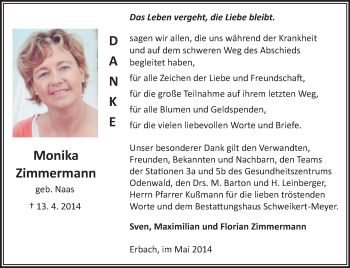 Traueranzeige von Monika Zimmermann von Odenwälder Echo