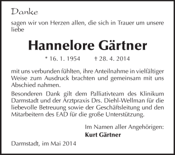 Traueranzeige von Hannelore Gärtner von Echo-Zeitungen (Gesamtausgabe)