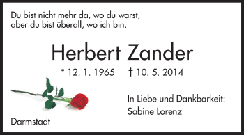 Traueranzeige von Herbert Zander von Echo-Zeitungen (Gesamtausgabe)