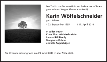 Traueranzeige von Karin Wölfelschneider von Odenwälder Echo