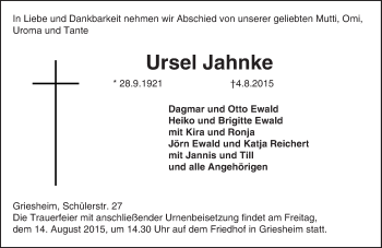 Traueranzeige von Ursel Jahnke von trauer.echo-online.de