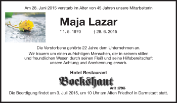 Traueranzeige von Maja Lazar von Echo-Zeitungen (Gesamtausgabe)