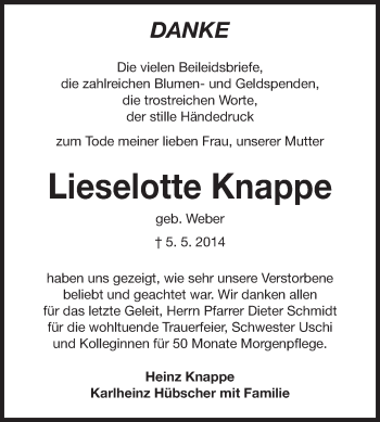 Traueranzeige von Lieselotte Knappe von Echo-Zeitungen (Gesamtausgabe)