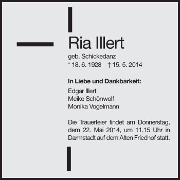 Traueranzeige von Ria Illert von Echo-Zeitungen (Gesamtausgabe)