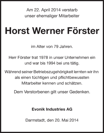 Traueranzeige von Horst Werner Förster von Echo-Zeitungen (Gesamtausgabe)
