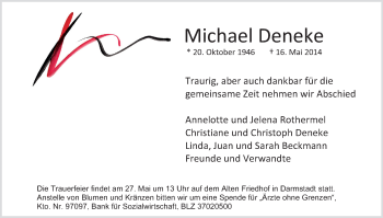 Traueranzeige von Michael Deneke von Echo-Zeitungen (Gesamtausgabe)