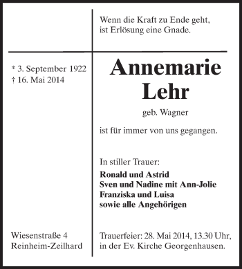 Traueranzeige von Annemarie Lehr von Echo-Zeitungen (Gesamtausgabe)