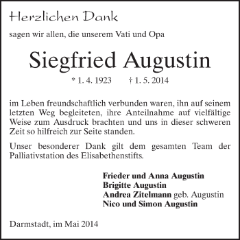 Traueranzeige von Siegfried Augustin von Echo-Zeitungen (Gesamtausgabe)