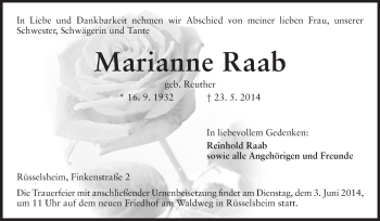 Traueranzeige von Marianne Raab von Rüsselsheimer Echo, Groß-Gerauer-Echo, Ried Echo