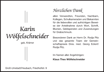 Traueranzeige von Karin Wölfelschneider von Odenwälder Echo