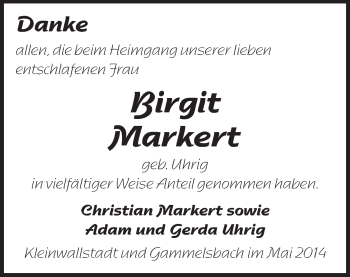 Traueranzeige von Birgit Markert von Odenwälder Echo
