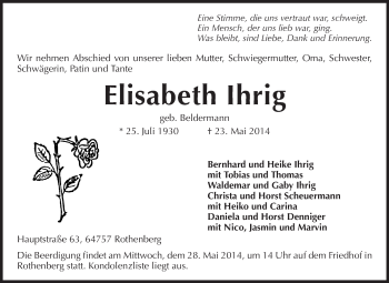 Traueranzeige von Elisabeth Ihrig von Odenwälder Echo